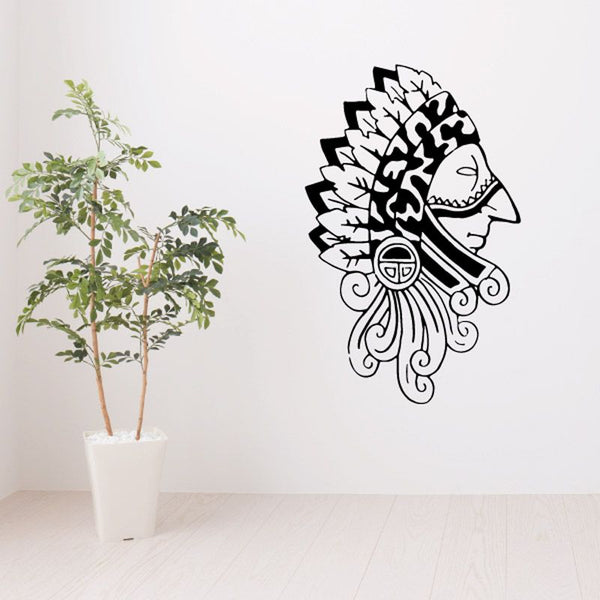Native American head decal with black tribal silhouette and white feather details
