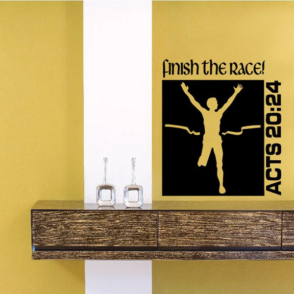 Black and gold motivational decal with “Finish the race!” and “Acts 20:24” text.