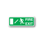 Fire exit angled sticker, green with white border and FIRE EXIT arrows icon