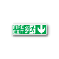 Fire exit down sticker, green with white border, FIRE EXIT text and running figure by down arrow.