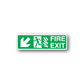 Fire exit sticker: green rectangular sign with running figure, flames, and white border