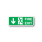 Fire exit downstairs sticker with green panel, white arrow down and FIRE EXIT text