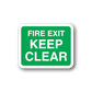 Green fire exit keep clear sticker with white lettering