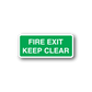 Green fire exit keep clear sticker with white border and bold text