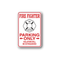 Fire fighter parking only sticker with red-and-white sign, firefighter emblem, and arrows