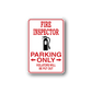Fire inspector parking only sticker with extinguisher icon, red text on white