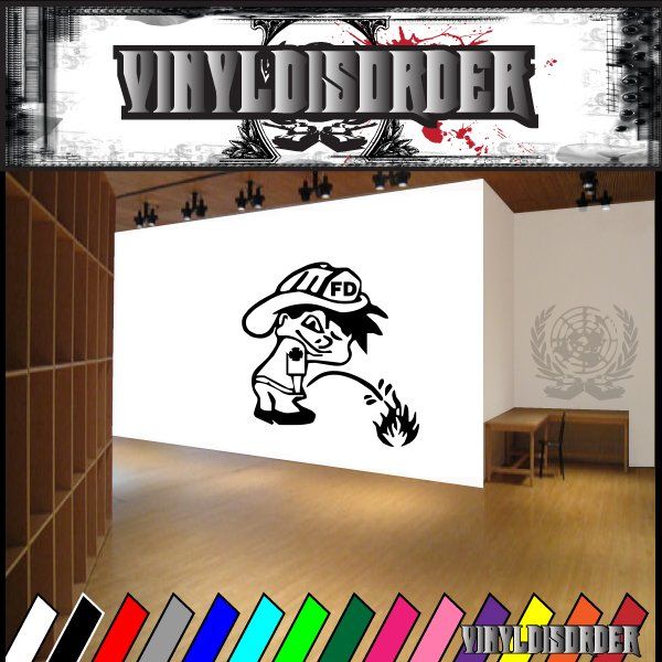 Firefighter wall decal featuring cartoon firefighter helmet and flames, black and white