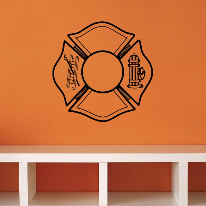 Firefighter logo decal with circular emblem, fire hydrant and helmet icon