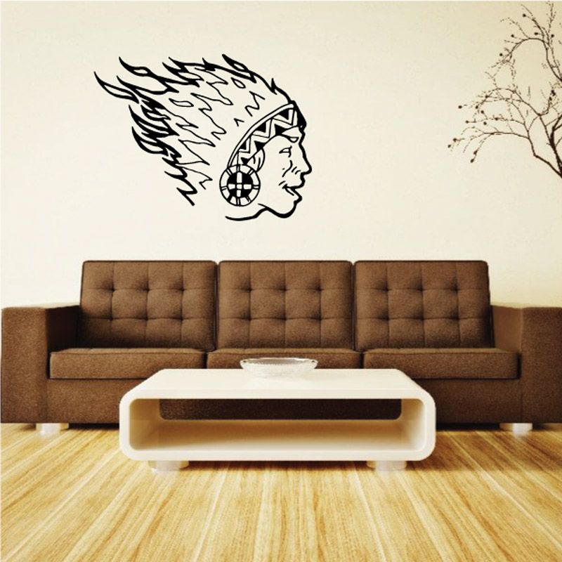 Native American head decal with flame feathers, black-and-white profile graphic