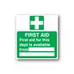 First aid sticker sign with green cross and white text on green background