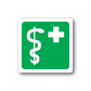 Green medical cross and dollar sign first aid sticker, square with white border