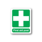 Green first aid post sticker with white medical cross and bold text