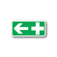 First aid shower sticker with white cross and left-pointing arrow on green