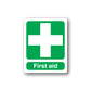 First aid sticker: green square with white cross and 'First aid' text