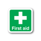 First aid sticker: green with white medical cross and First aid text
