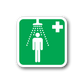 Green first aid sticker with white person icon, shower dots, and medical cross