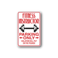 Rectangular parking only sticker with red fitness instructor text and dumbbell icon