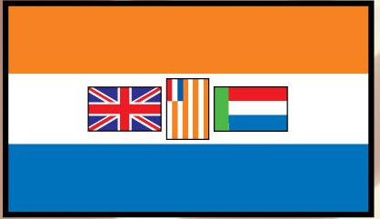 Rectangular flag sticker with three flag icons and orange, white, and blue bands.