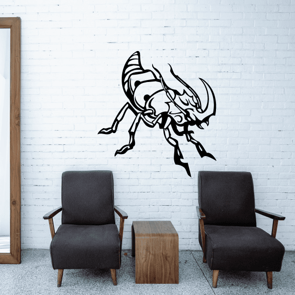 Flame horned beetle wall decal, black line art with white highlights and flame-like horns