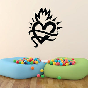 Flaming heart decal with black heart and flame emblem