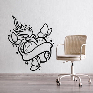 Flaming heart and butterfly wall decal, black outline with speckle details