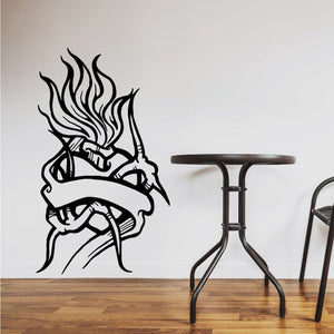 Black outline flaming heart decal with crown of thorns design