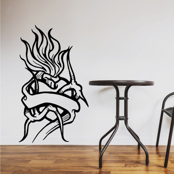 Black outline flaming heart decal with crown of thorns design