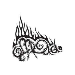 Flaming off-road text decal, black swirly letters with flame accents