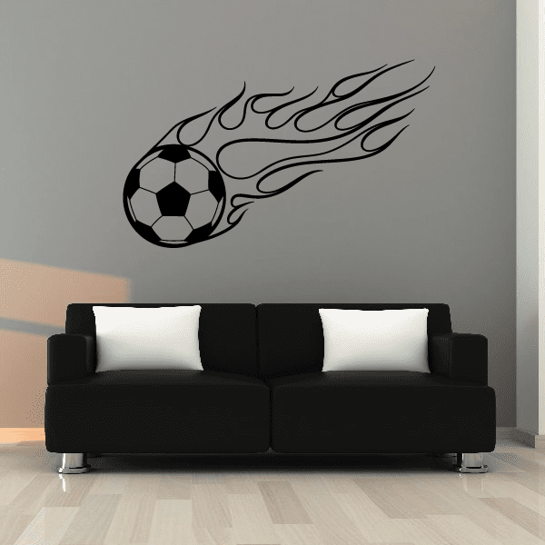 Soccer ball wall decal with black flame swirl