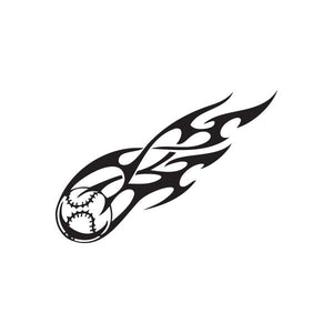 Flaming softball decal, black flame with crossed baseball and stitches