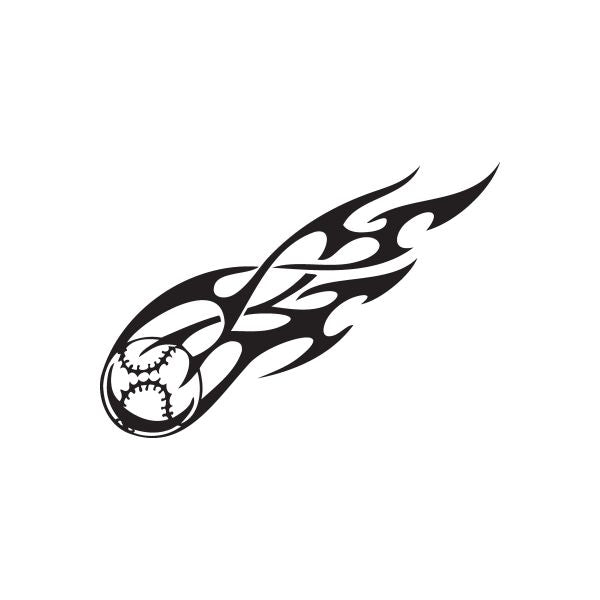 Flaming softball decal, black flame with crossed baseball and stitches
