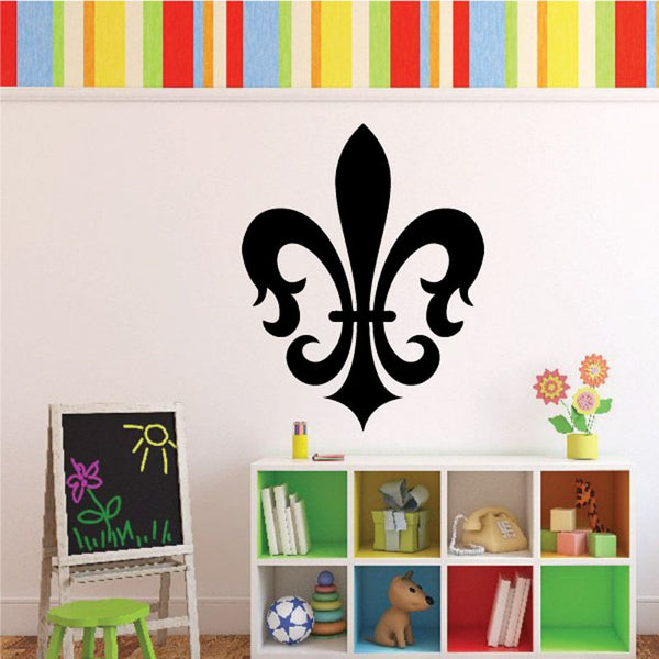 Black fleur de lis wall decal with scroll detailing