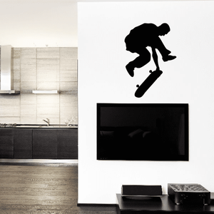 Vinyl skateboard decal with black skateboarder silhouette