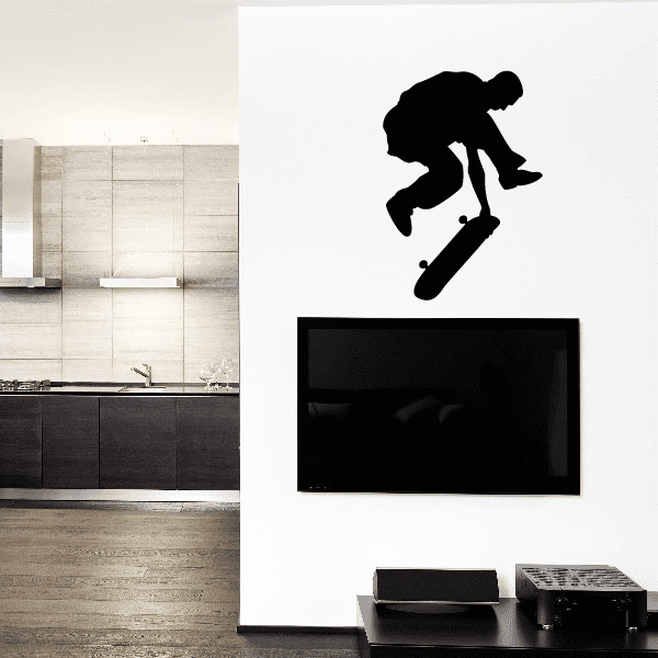 Vinyl skateboard decal with black skateboarder silhouette