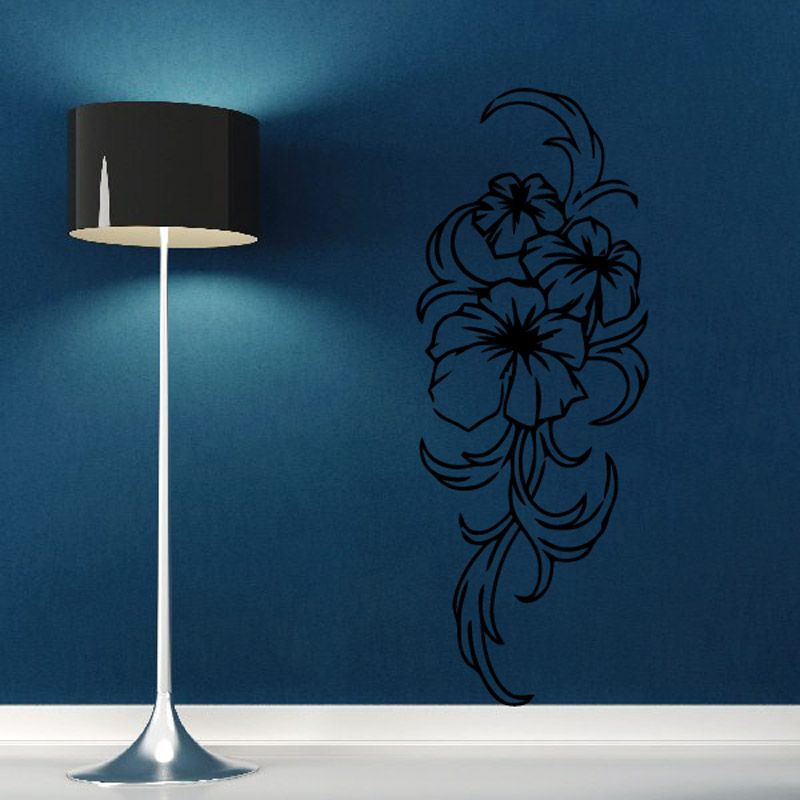 Floral vine decal: black ornamental floral vine with layered leaves and blossoms
