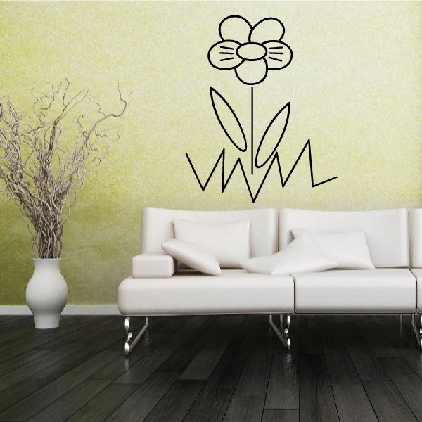 Flower wall decal with three-petal blossom, leaves, and grass blades
