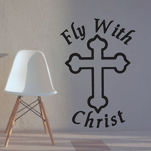 Black Christian wall decal with cross and text 'Fly With Christ'