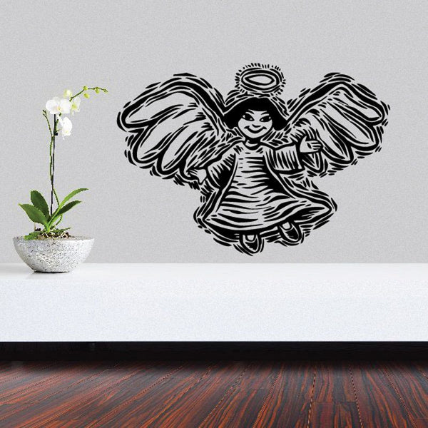 Angel girl wall decal with black line-art figure, halo, and wide wings