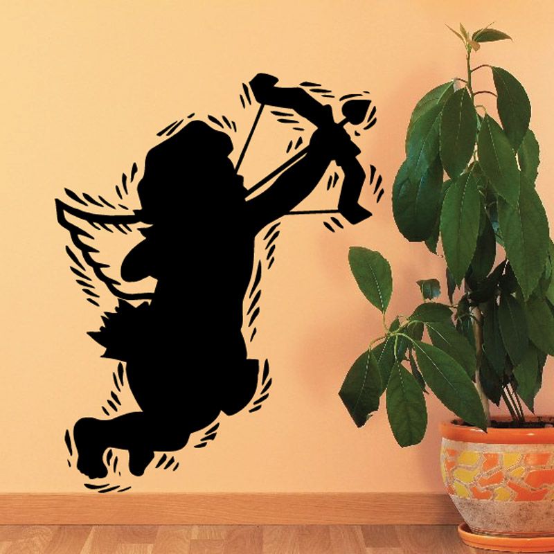 Black flying cupid wall decal silhouette holding bow and arrow with wings