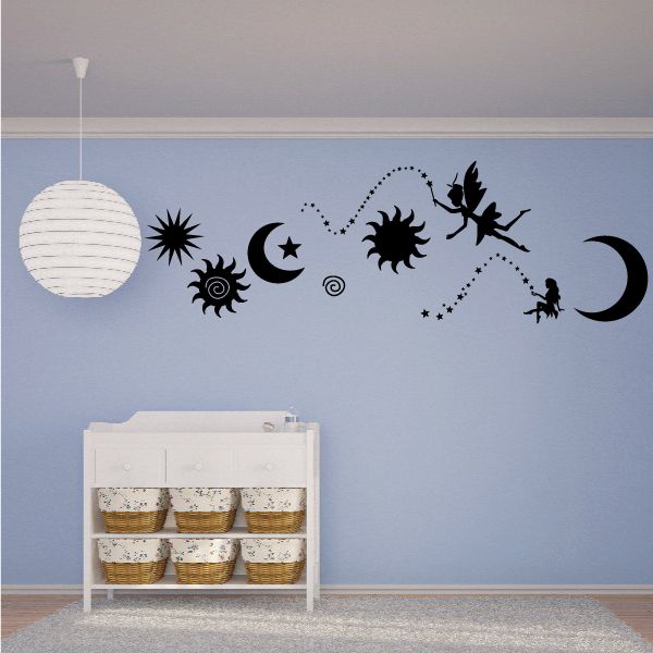 Flying fairies wall decal with black moon, stars, and flying fairy silhouettes