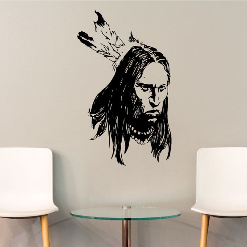 Native American portrait decal, black profile with feathered headdress and bandana