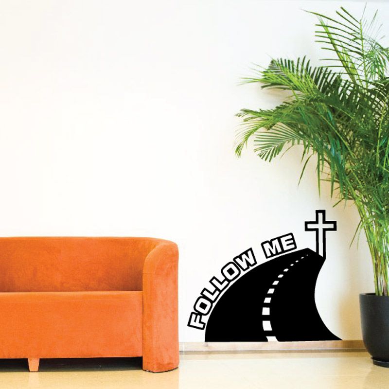 Religious wall decal with black boot and cross reading 'FOLLOW ME TO JESUS'