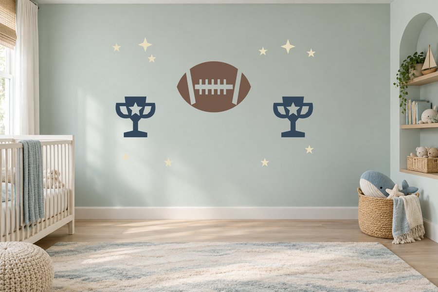 Football-themed wall decal set with football, trophies, and star shapes