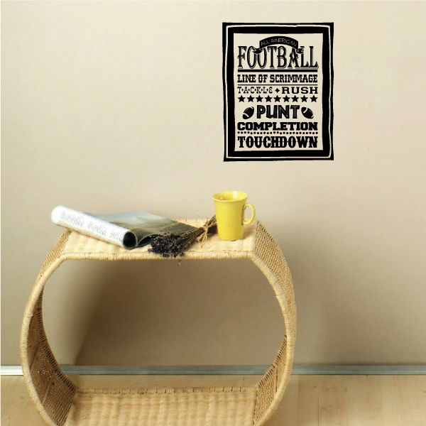 Football word collage decal, black and white square typography