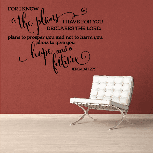 Inspirational wall decal with flowing script quote and Jeremiah 29:11