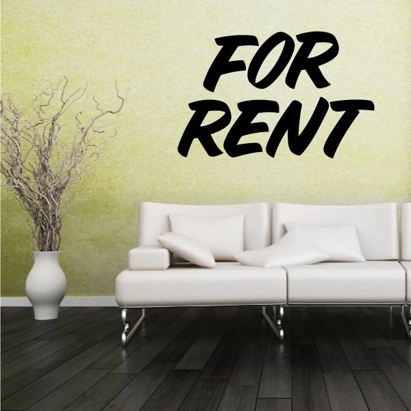 Wall decal reading "FOR RENT" in bold black lettering