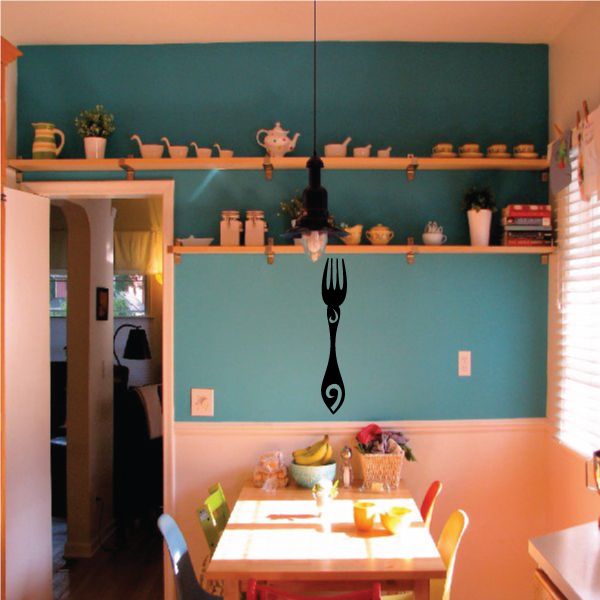 Black decorative fork wall decal with ornate swirl design