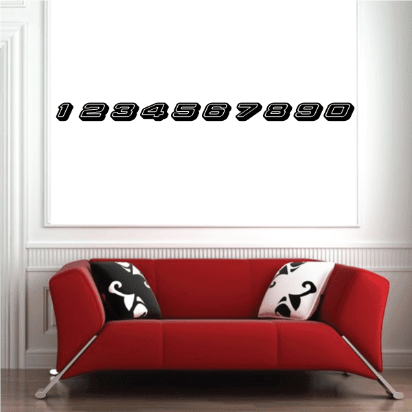 Race car number vinyl decal, 1–9 and 0, black with silver outline