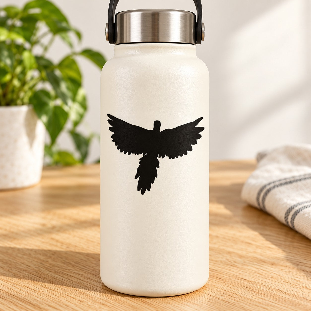 Black pheasant silhouette decal on white water bottle