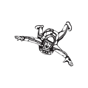 Skydiver decal of a free-falling figure with harness and helmet, black line art